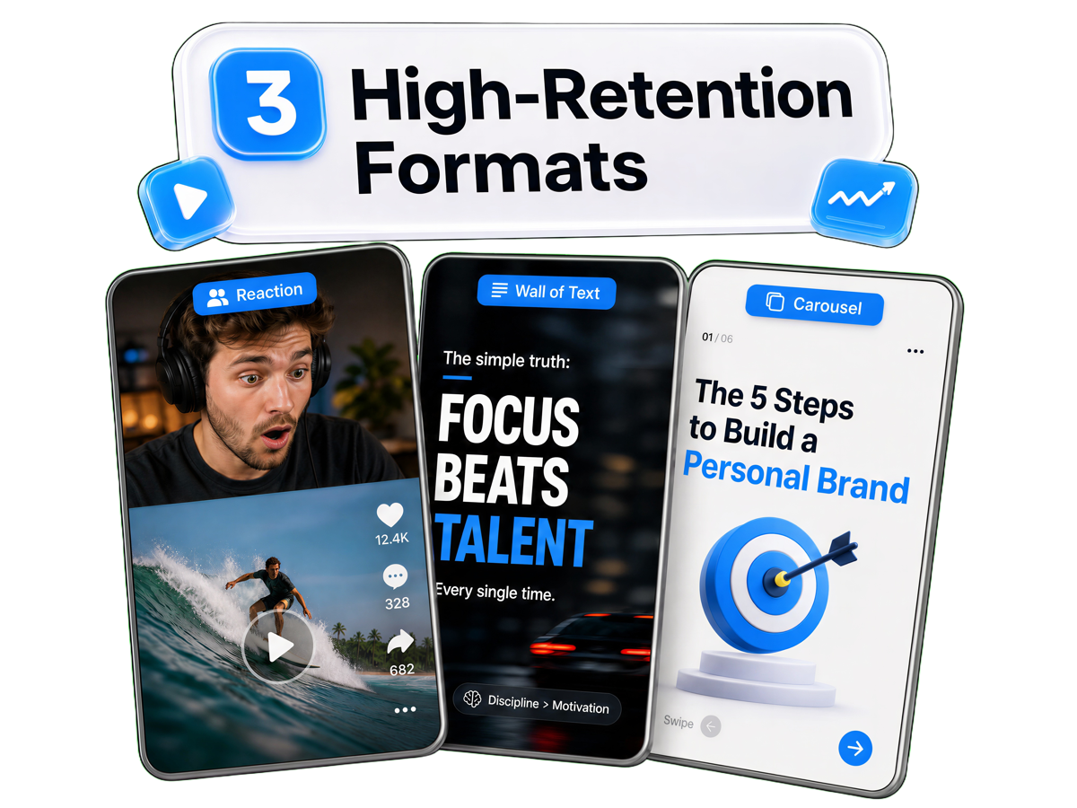 Dolphin content run visual showing reaction, wall-of-text, and carousel output cards in brand blue.
